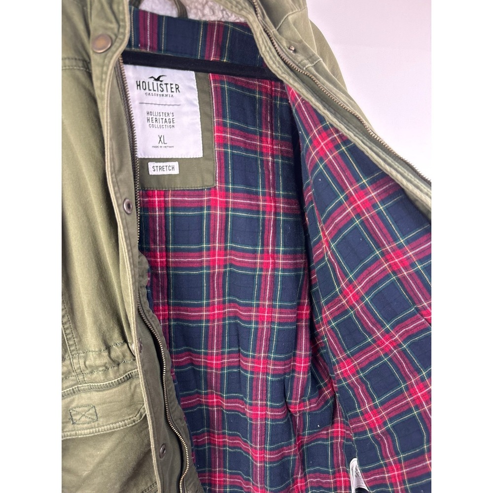 Hollister Heritage Collection Utility Jacket Olive Green Sherpa Hood Plaid XL - Picture 4 of 8